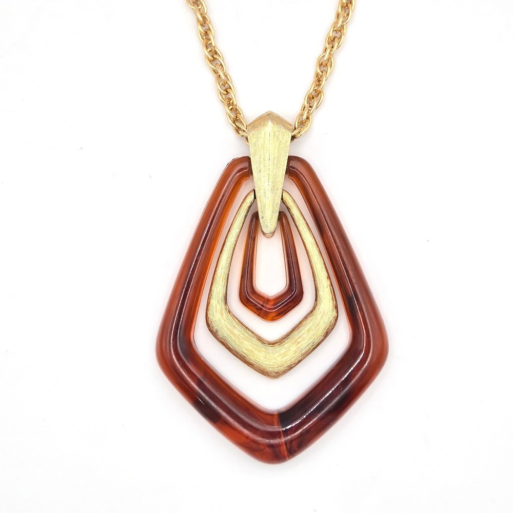 Vintage Avon Faux Tortoise Shell Gold Tone Geometric Statement Pendant‎ Necklace